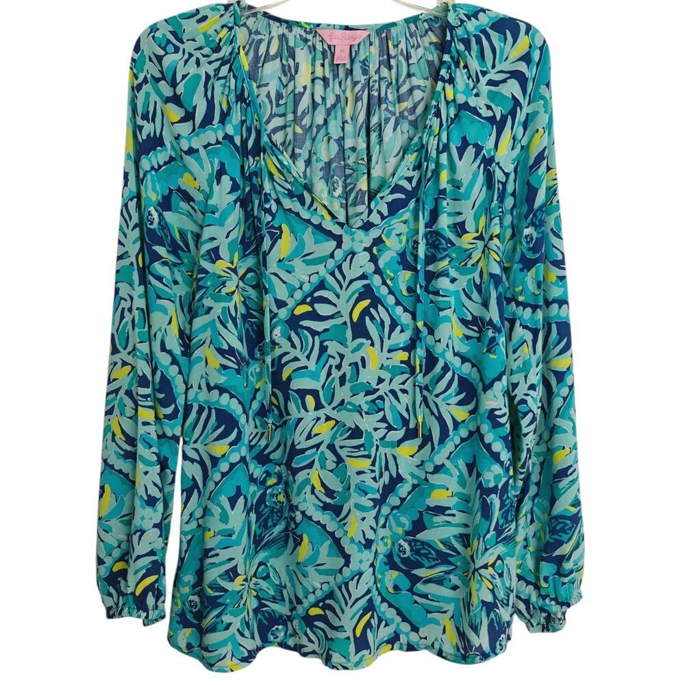 Lilly Pulitzer Willa Top Size XS Indigo Midnight Cove Print Tropical Leaf Resort - Picture 2 of 10